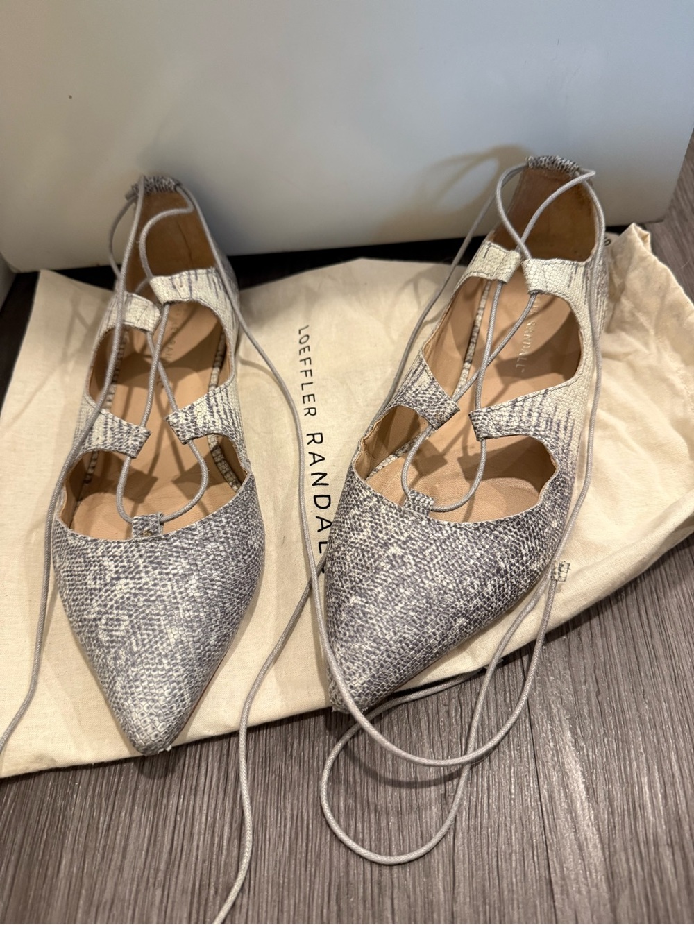 Loeffler Randall Ambra Gray Snake Print Lace-Up Pointed Flats
